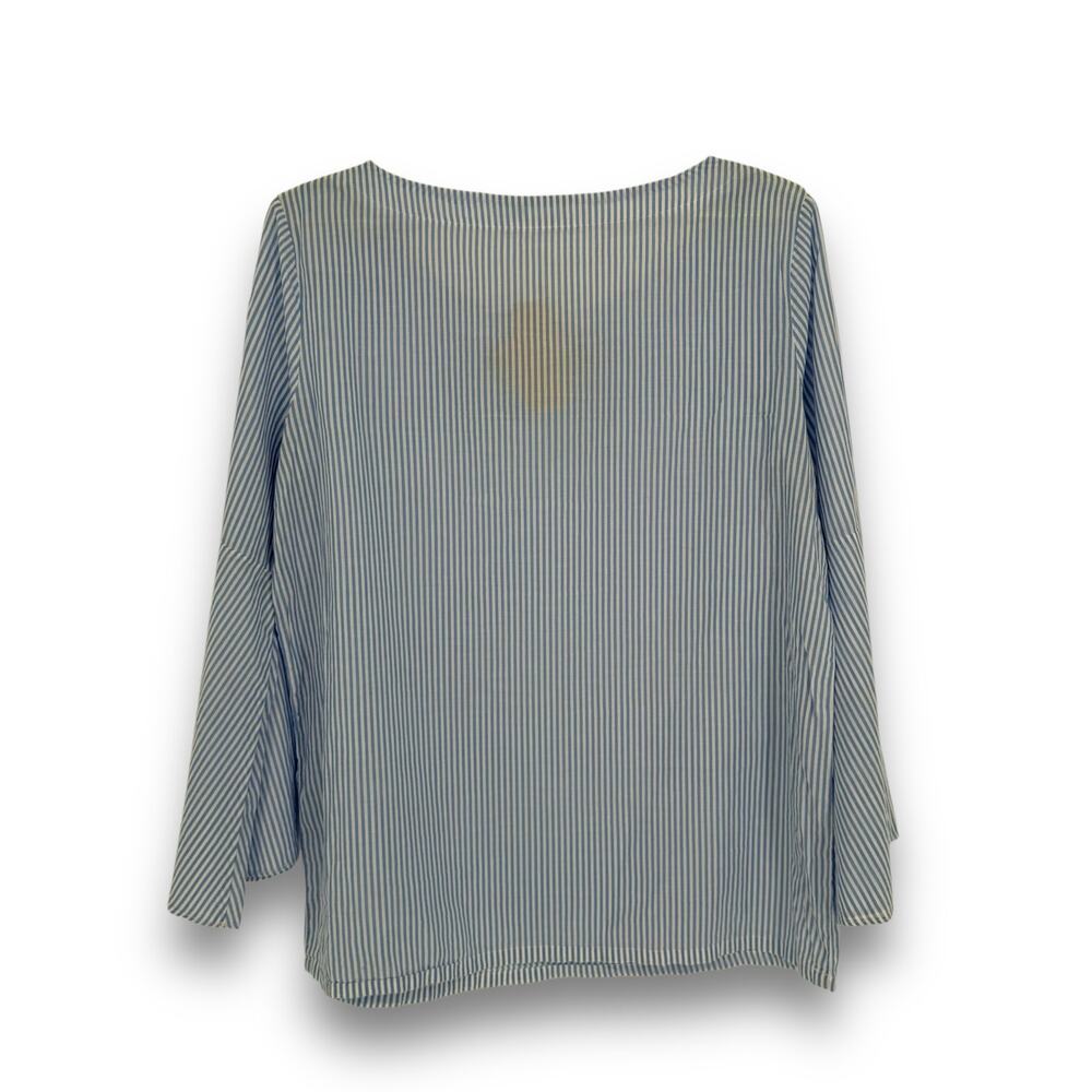 J. McLaughlin Blue White Stripe Poplin Blouse, Bell Sleeve, Size M Casual Preppy - Picture 3 of 6